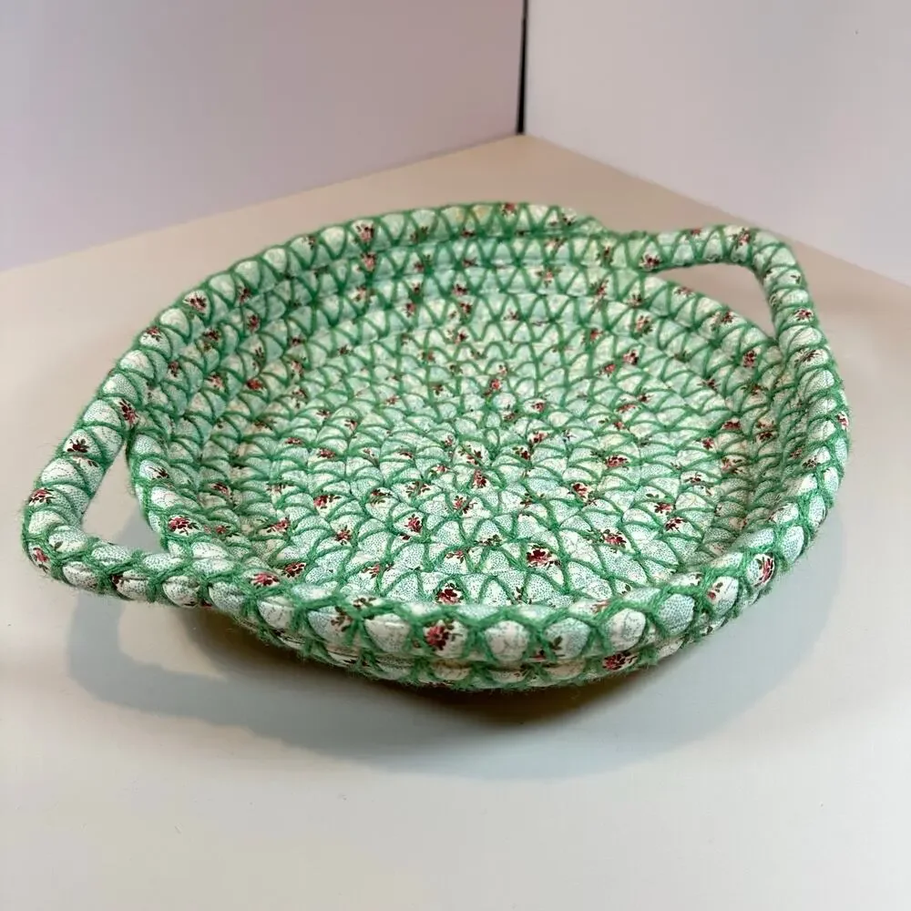 Woven Coiled Fabric Bread Bun Basket Handles Green Floral Rustic Shabby Chic